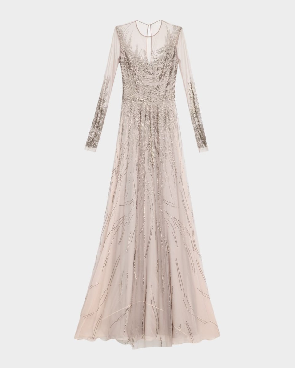 Abstract Beaded Long-Sleeve Illusion Gown